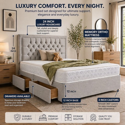 Plush divan bed set with - bed, lux